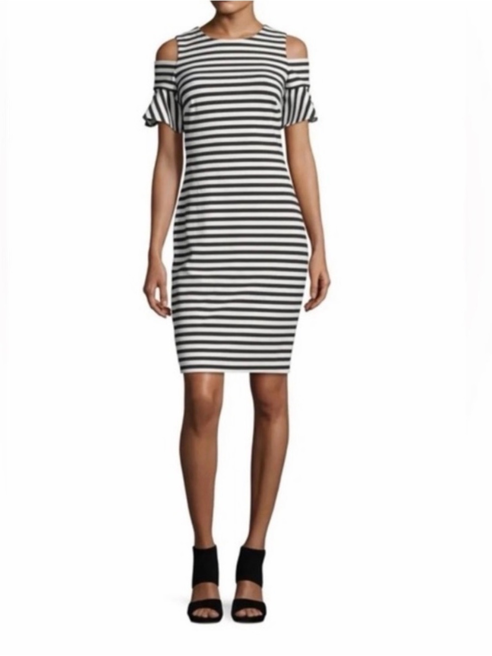 Calvin Klein Black and White Striped Cold-Shoulder Mini Dress